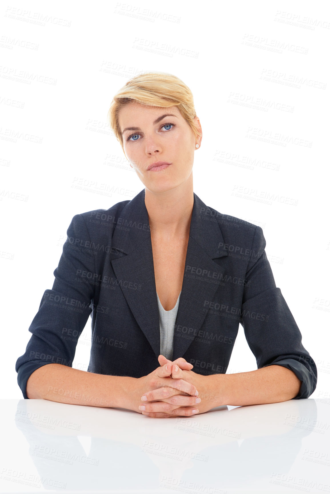 Buy stock photo Job interview, white background or portrait of a businesswoman at desk for recruitment or hiring. Table, corporate, serious worker or professional lady with confidence or company isolated in studio