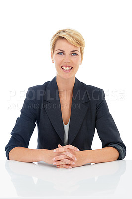 Buy stock photo Job interview, white background or portrait of a happy businesswoman at desk for recruitment or hiring. Table, corporate, worker or professional lady with confidence or company isolated in studio