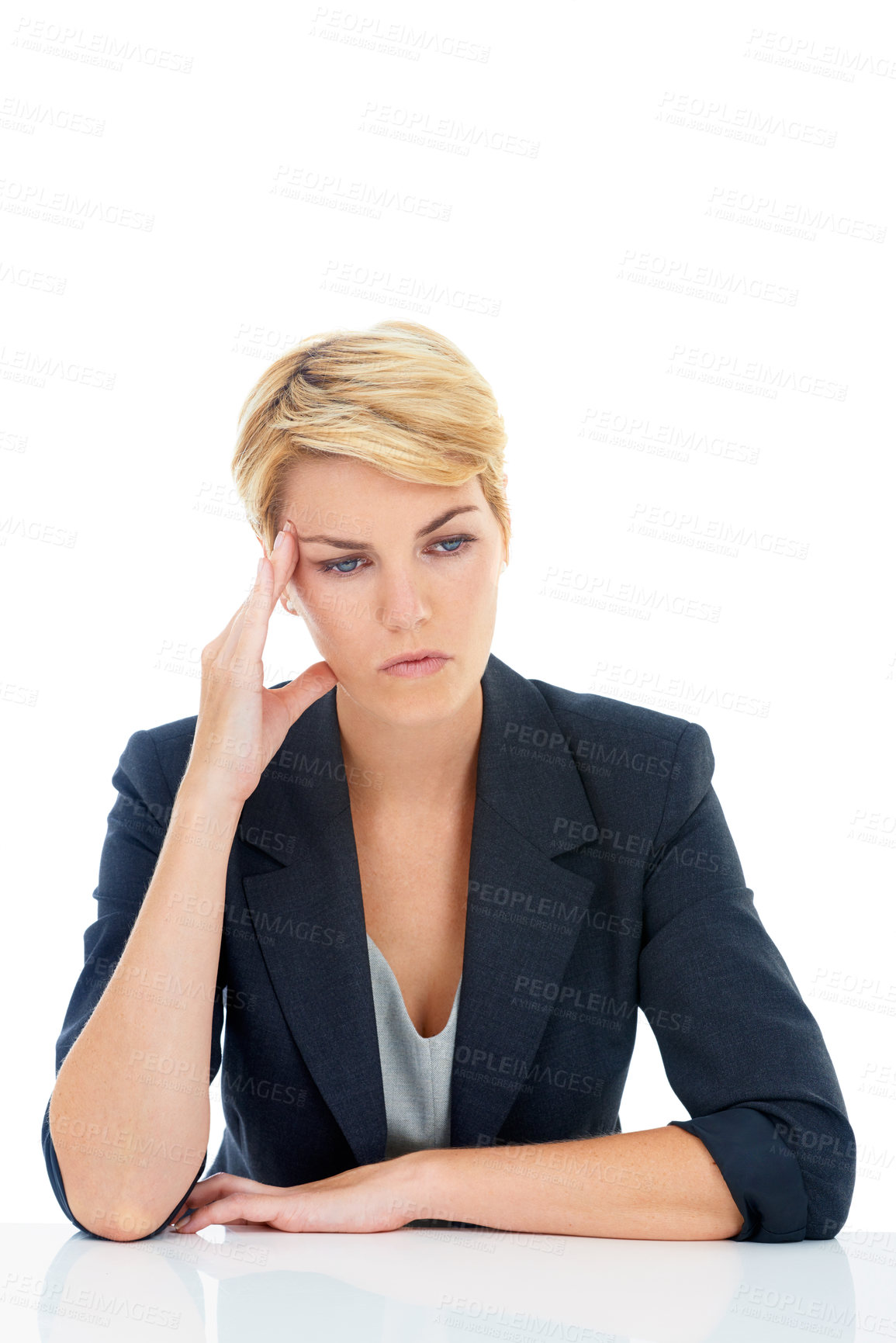 Buy stock photo Business woman, stress or thinking in studio of challenge, headache or mental health on white background. Burnout, confused worker or sad for vertigo, brain fog or doubt wrong mistake at mockup space