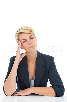 Buy stock photo Business woman, stress or headache in studio for challenge, disaster or mental health on white background. Worker, burnout and frustrated for vertigo, brain fog or doubt wrong mistake at mockup space