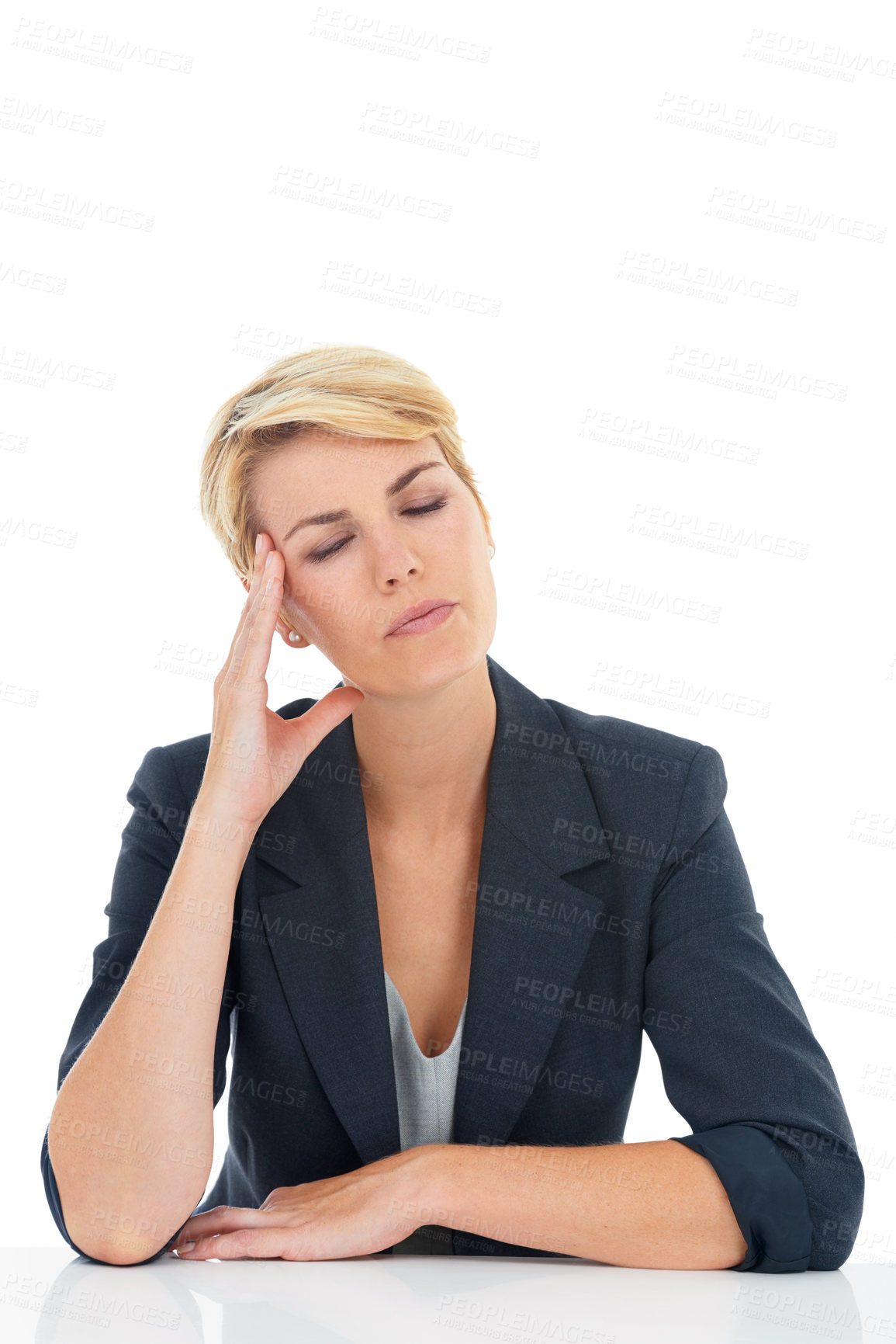 Buy stock photo Business woman, stress or headache in studio for challenge, disaster or mental health on white background. Worker, burnout and frustrated for vertigo, brain fog or doubt wrong mistake at mockup space