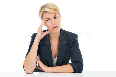 Buy stock photo Headache, business woman and thinking of stress, anxiety or mental health in studio on white background. Worry, confused worker and crisis of burnout, brain fog and fatigue of mistake, doubt and debt