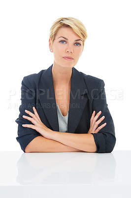 Buy stock photo Hr manager, arms crossed or portrait of a woman at a desk for recruitment, hiring and start of an interview. Serious, studio or proud business professional win studio isolated on white background