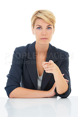 Buy stock photo Portrait, pick or businesswoman or pointing to you for recruitment on white background in studio. Serious, manager or worker with gesture, choice or promotion showing an job opportunity or selection