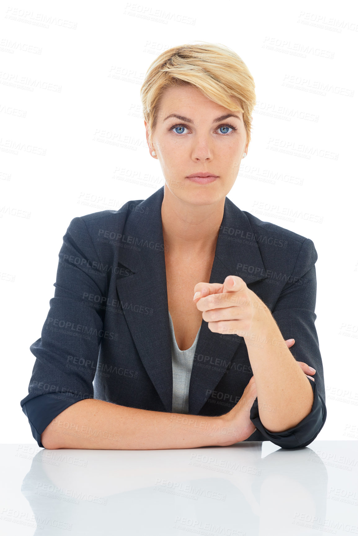 Buy stock photo Portrait, pick or businesswoman or pointing to you for recruitment on white background in studio. Serious, manager or worker with gesture, choice or promotion showing an job opportunity or selection