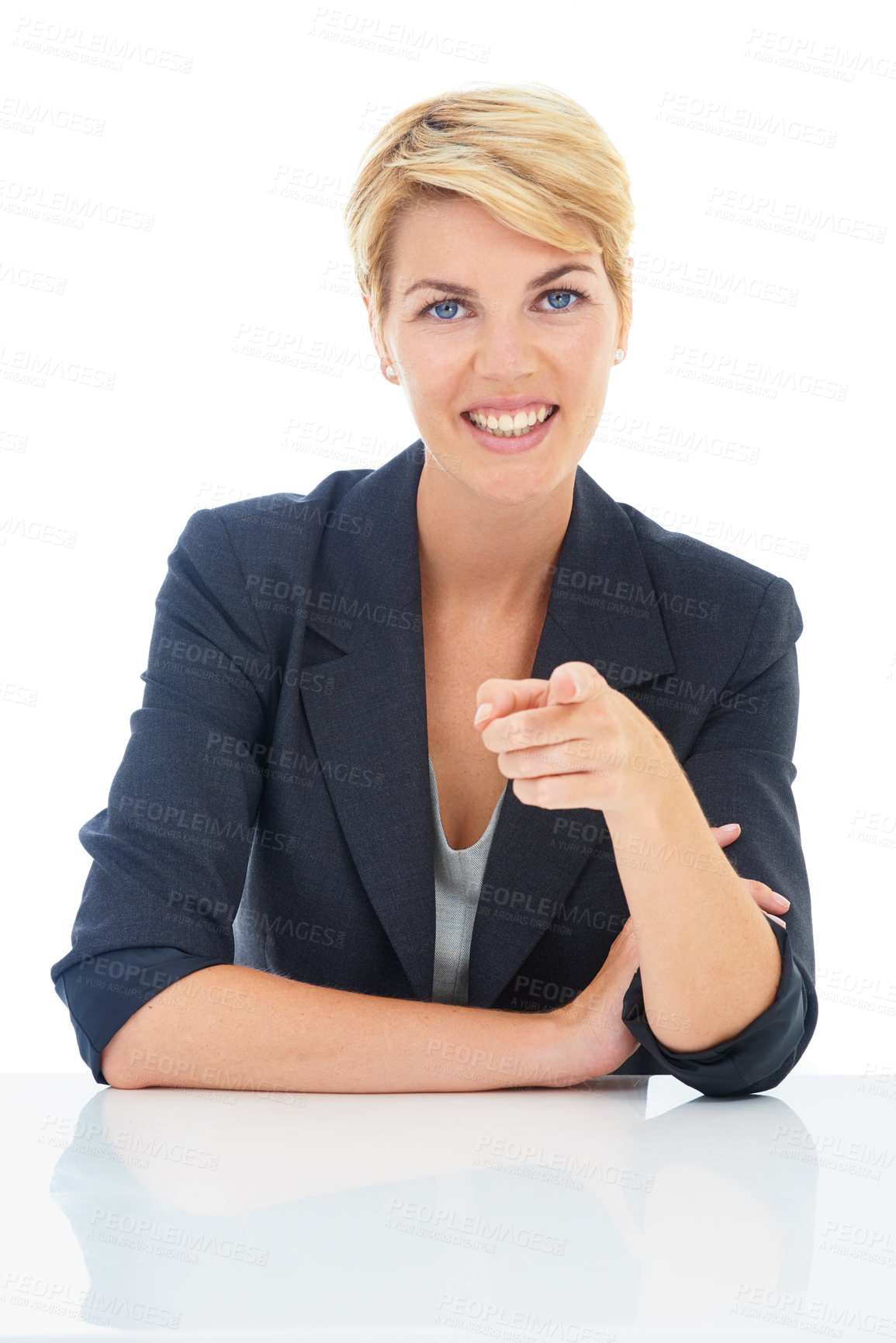 Buy stock photo Portrait, business woman and pointing to you in studio for decision, choice or join us for HR offer on white background. Happy employee, recruitment and invitation for onboarding, hiring or attention