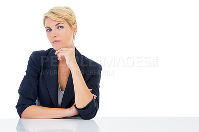 Buy stock photo Business, woman and thinking in studio of ideas, problem solving or memory on mockup white background. Curious worker daydream of decision, solution or brainstorming questions, insight or plan choice