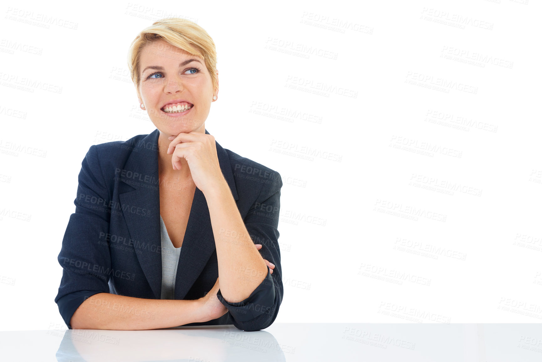 Buy stock photo Business woman at desk, thinking with smile and inspiration for professional in studio mockup. Brainstorming, planning and happy consultant with idea, decision or choice on white background space.