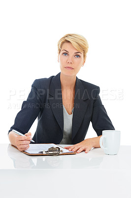 Buy stock photo Business woman, documents and portrait in studio with legal information, checklist or writing of rules and job policy. Serious lawyer or attorney with clipboard or paperwork on a white background