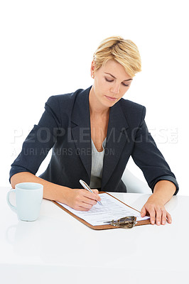 Buy stock photo Business woman, documents and writing in studio with legal information, checklist or review of rules and job policy. Professional lawyer or attorney with clipboard or paperwork on a white background