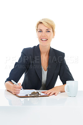 Buy stock photo Business woman, checklist and portrait in studio with documents, contract or signature for real estate agreement. Happy professional agent at desk with clipboard or paperwork on a white background