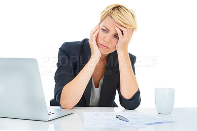 Buy stock photo Business woman stress at laptop, paperwork and audit report for bankruptcy in studio on white background. Frustrated accountant, computer or worry of tax documents, debt crisis or financial challenge
