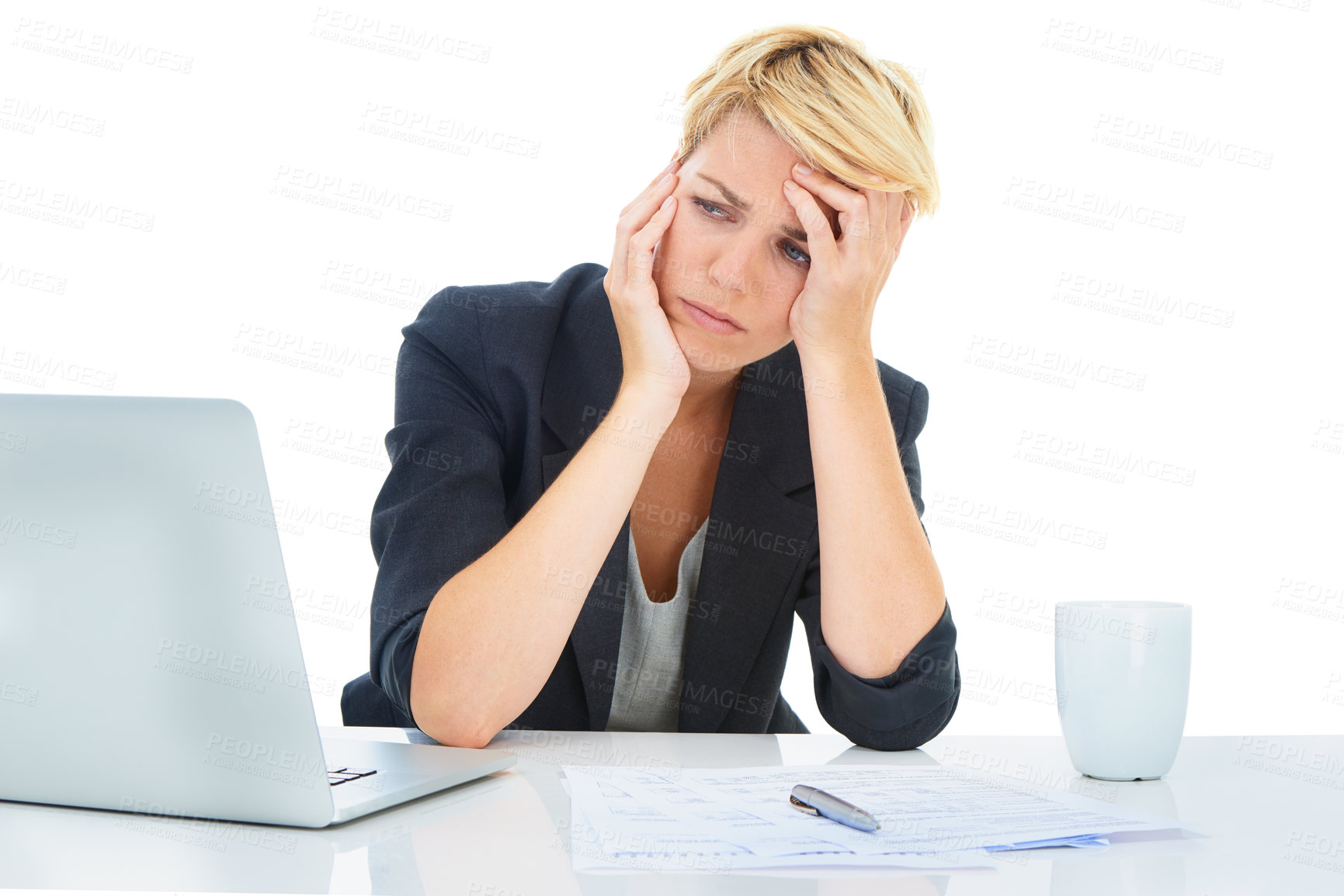 Buy stock photo Business woman stress at laptop, paperwork and audit report for bankruptcy in studio on white background. Frustrated accountant, computer or worry of tax documents, debt crisis or financial challenge