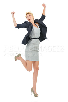 Buy stock photo Excited, jump and businesswoman in a studio with success in celebration of goals or winning lottery. News, wow and happy employee with smile, deal or job promotion announcement on white background