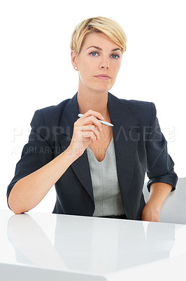 Buy stock photo Business woman, portrait and consultant expert of a employee with white background in studio. Corporate, desk and female professional with career and job of a worker with a pen ready for working