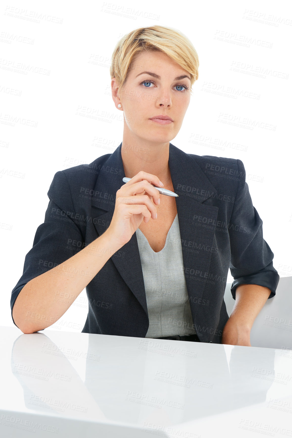 Buy stock photo Business woman, portrait and consultant expert of a employee with white background in studio. Corporate, desk and female professional with career and job of a worker with a pen ready for working