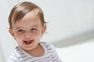 Buy stock photo Baby, happy and playing on floor, child development and infant growth with face, sitting and home. Girl, joyful and healthy in good mood, childhood and cheerful with enthusiasm, kid and adorable