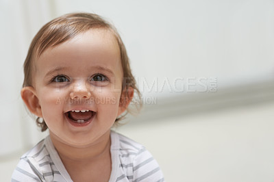 Buy stock photo Baby, smiling and playing on floor, child development and infant growth with face, sitting and home. Girl, joyful and healthy in good mood, childhood and cheerful with enthusiasm, kid and adorable