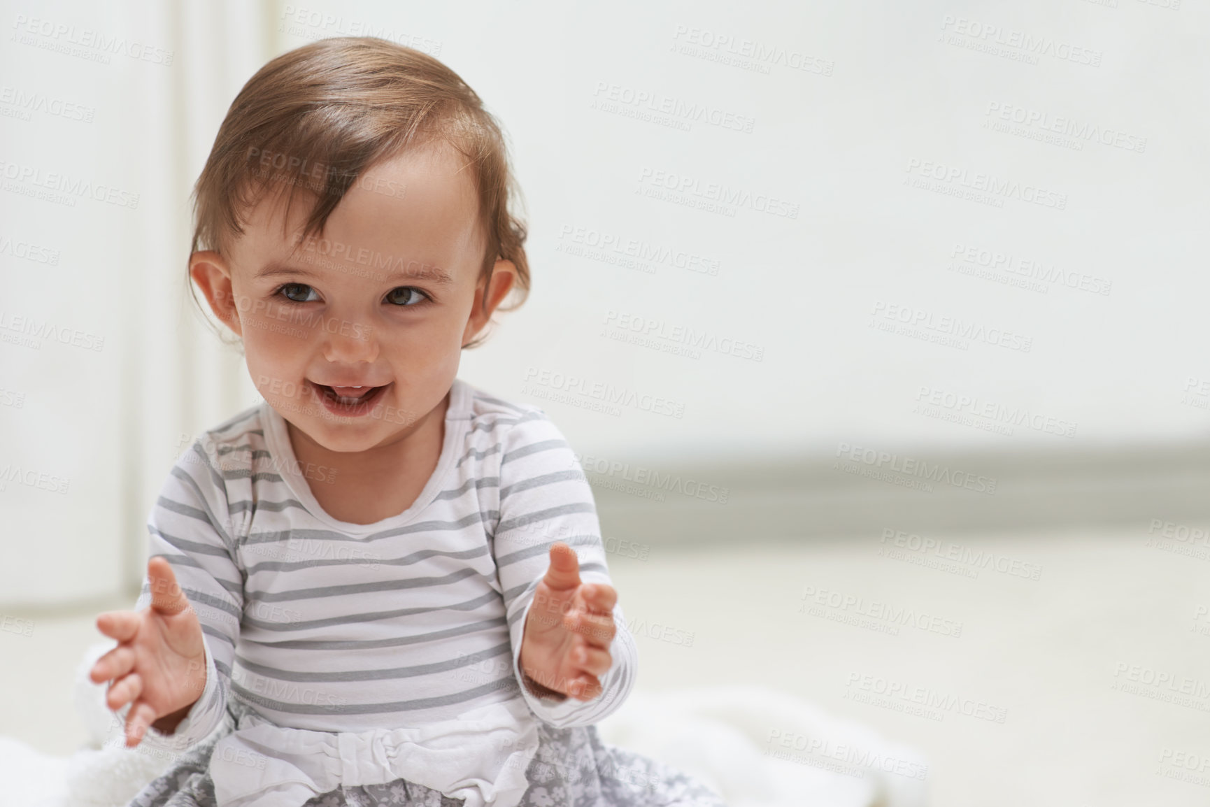 Buy stock photo Baby, happy and playing on floor, child development and infant growth with face, sitting and home. Girl, joyful and healthy in good mood, childhood and cheerful with enthusiasm, kid and adorable