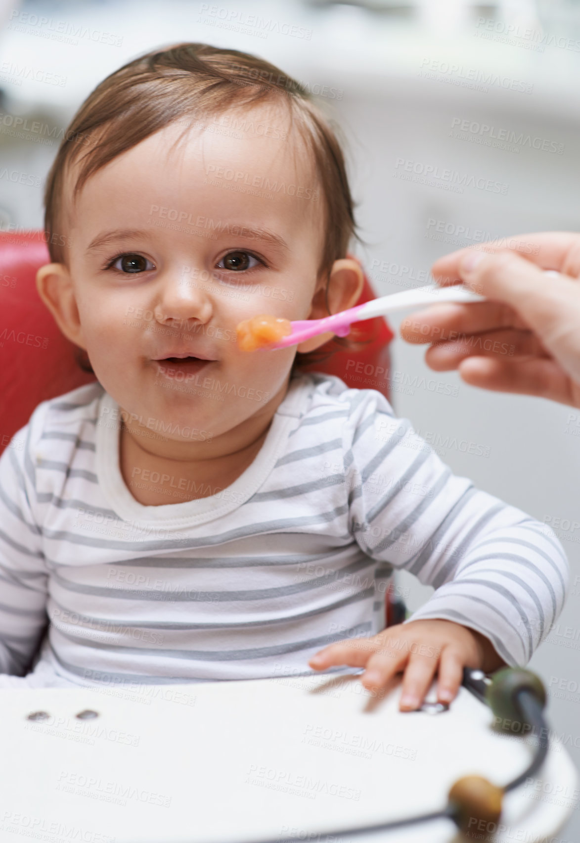 Buy stock photo Eating, sweet and portrait of baby in chair with vegetable food for child development at home. Cute, nutrition and hungry boy kid or toddler enjoying healthy lunch, dinner or supper meal at house.