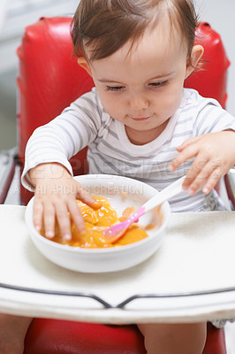 Buy stock photo Baby, high chair and eating food in bowl for meal, nutrition or healthy porridge at home. Young, cute and adorable little child, kid or toddler playing with snack for hunger, vitamins or nutrients