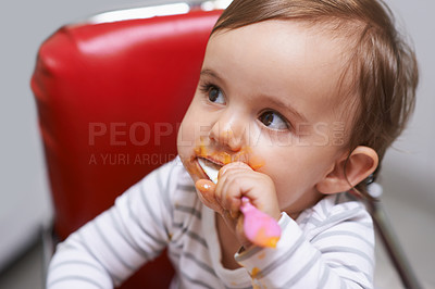Buy stock photo Eating, cute and boy baby in chair with vegetable food for child development at home. Sweet, nutrition and hungry young kid or toddler enjoying healthy lunch, dinner or supper meal at house.