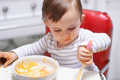 Buy stock photo Eating, vitamins and boy baby in chair with vegetable food for child development at home. Organic, nutrition and sweet hungry kid or toddler enjoying healthy lunch, dinner or supper meal at house.