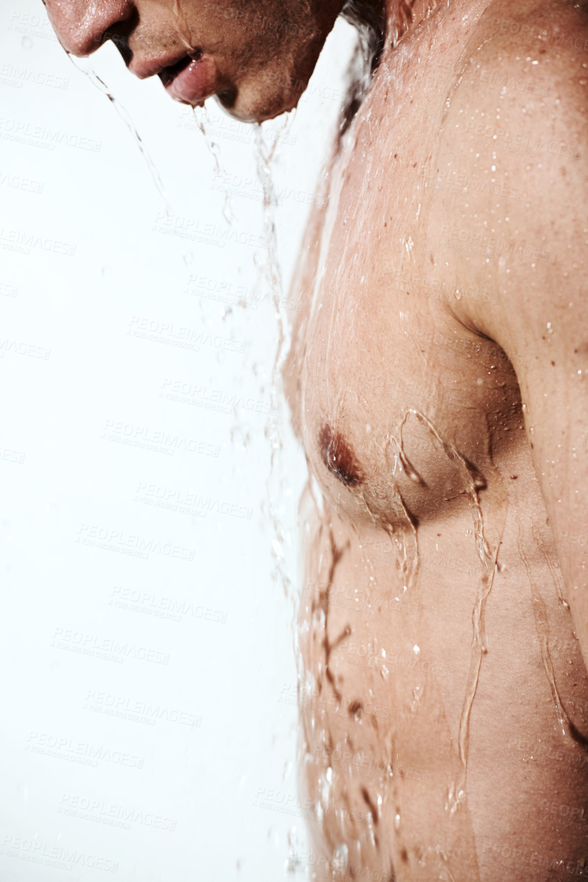 Buy stock photo Chest of man in shower to relax, cleaning hair and body for morning wellness, hygiene and skin routine. Grooming, skincare and male model with muscle washing with water, self care and calm bathroom.