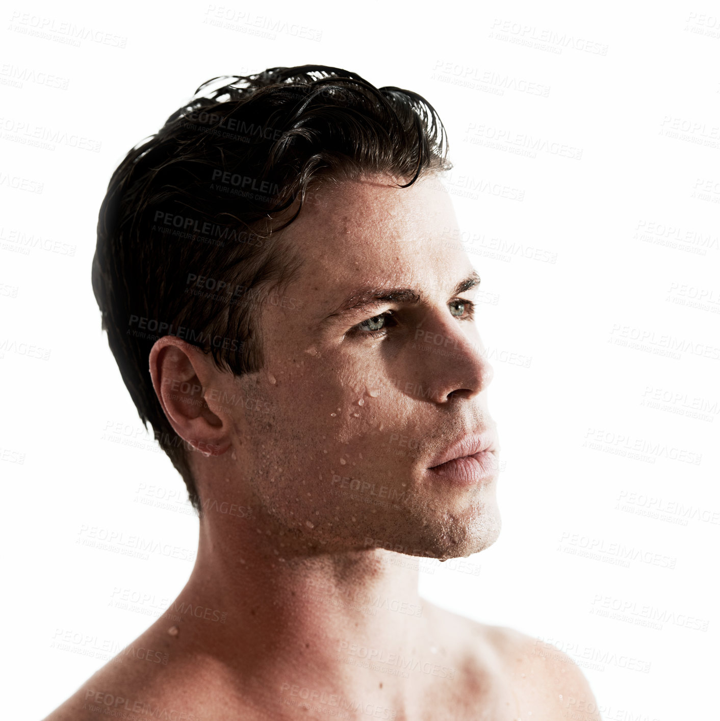 Buy stock photo Shower, sexy and face of man with water for washing, cleaning and skincare wellness. Young, hot and male model person with facial grooming and hygiene for healthy skin by white studio background.