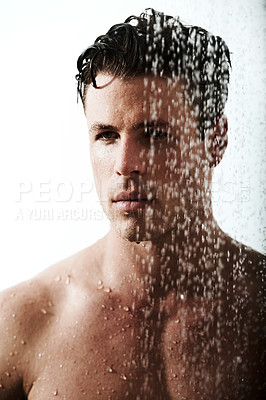 Buy stock photo Man in bathroom shower, cleaning body and relax for morning wellness, hygiene and skin routine. Grooming, skincare and face of male model with muscle washing with water, self care and calm bathroom.