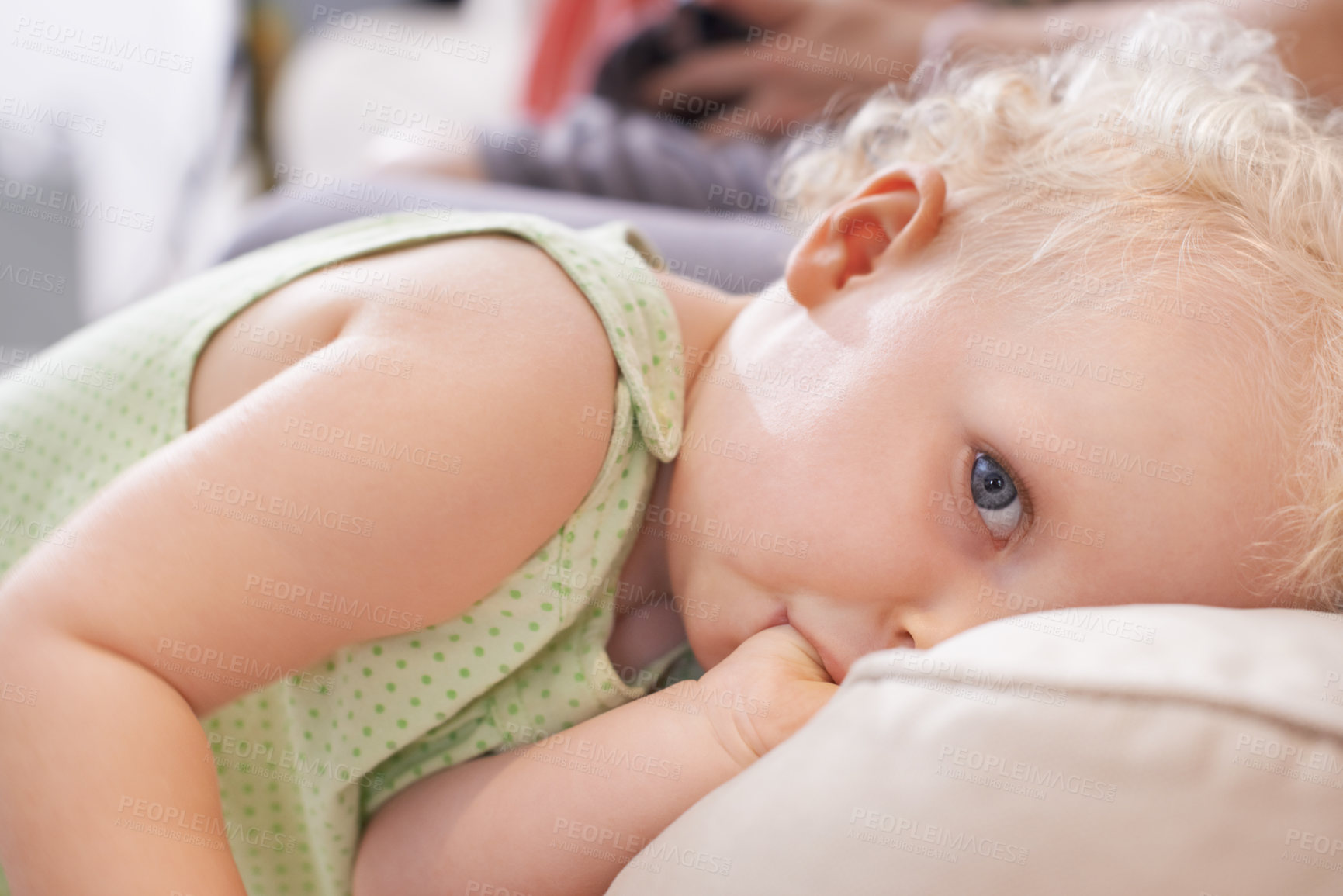 Buy stock photo Portrait, baby and kid suck thumb in home, adorable or cute innocent child alone in house. Face of young blonde toddler, finger in mouth or facial expression of healthy girl in comfort in Switzerland