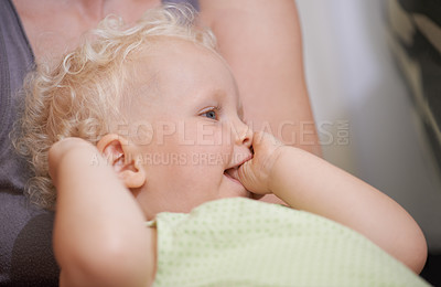 Buy stock photo Children, baby and kid suck thumb in home, adorable or cute innocent child with parent in house. Young blonde toddler, finger or hand in mouth and facial expression of healthy little girl in comfort