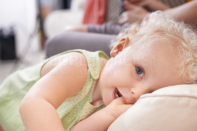 Buy stock photo Portrait of a cute young toddler with curly blonde hair