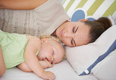 Buy stock photo Love, sleeping and mom with baby on bed for bonding, relax and sweet cute relationship. Happy, smile and young mother watching girl child, kid or toddler taking a nap in bedroom or nursery at home.