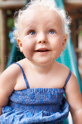 Buy stock photo Baby, girl and child in home, happy and healthy kid alone in her house or kindergarten nursery. Face, cute blonde toddler and smile while playing, adorable and innocent facial expression of childhood