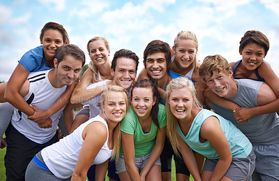 Buy stock photo Group, friends and happy on field with portrait for fitness, sport and exercise with collaboration. Teamwork, men and women with face, smile or blue sky outdoor in nature for workout or training