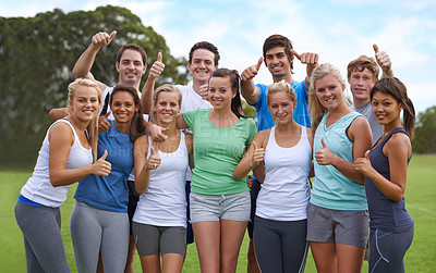 Buy stock photo Group, friends and thumbs up in nature for fitness, sport and exercise with collaboration on field. Teamwork, men and women with portrait, smile or blue sky outdoor for workout, training and health