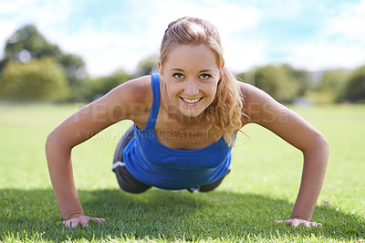 Buy stock photo Women, face and push ups on grass for exercise with fitness, training and workout on sports field. Athlete, person and confidence on ground with physical activity for healthy body or wellness outdoor