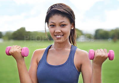 Buy stock photo Happy woman, portrait and dumbbells in weightlifting, workout or outdoor exercise in nature. Face of young active female person or athlete smile for training, health and wellness on green grass field