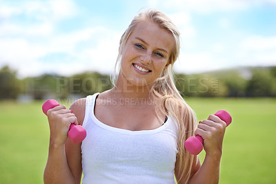 Buy stock photo Happy woman, portrait and dumbbells for fitness, workout or outdoor exercise in nature. Active female person or blonde smile for weightlifting or training in health and wellness on green grass field