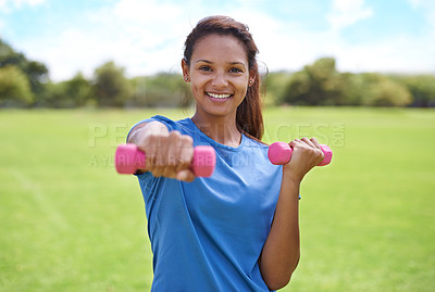 Buy stock photo Woman, portrait and dumbbell, weightlifting for fitness and muscle, athlete outdoor for sport and strength. Healthy, exercise equipment and strong in park with weights and workout with a smile