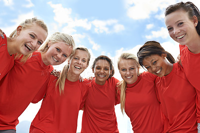 Buy stock photo Team, women and smile with sport portrait for support, celebration or solidarity with blue sky and low angle. Collaboration, athlete and people or happy outdoor for fitness, exercise and competition