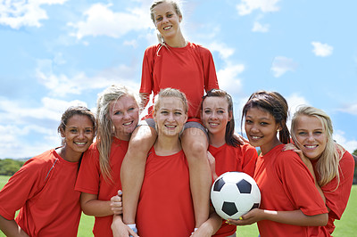 Buy stock photo Women, soccer players and portrait with ball, confidence and football field for match, competition or game. Fitness, practice and happy for training, outdoor and exercise for athlete, girls or sport
