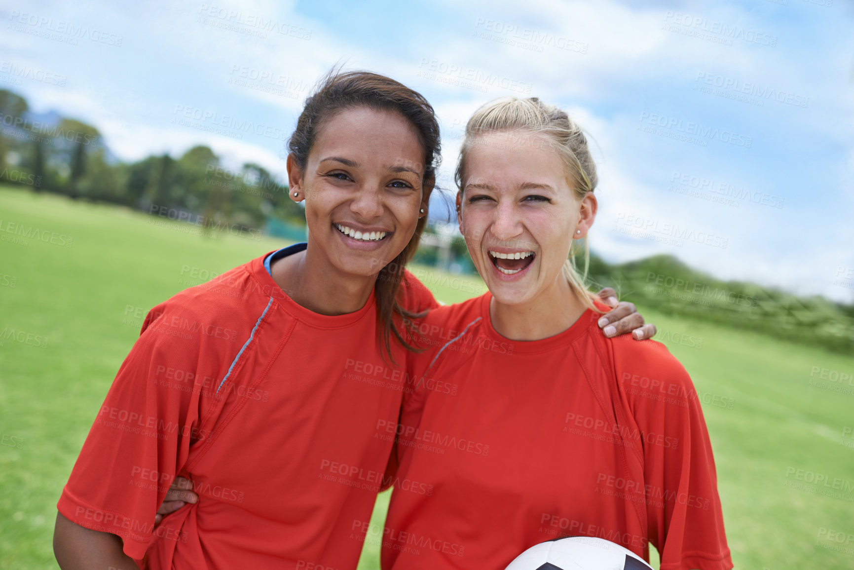 Buy stock photo Women, players and portrait with soccer ball, happy and football field for match, competition or game. Fitness, practice and ready for training, outdoor and exercise for athlete, girls and sport
