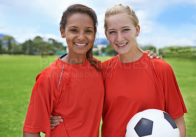 Buy stock photo Team, soccer players and portrait with ball, young and football field for match, competition or game. Fitness, practice and ready for training, outdoor and exercise for athlete, strong or sport
