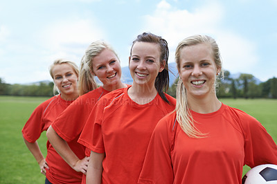 Buy stock photo Girls, players and portrait with soccer ball, confident and football field for match, competition or game. Young, practice or happy for training, outdoor or exercise for athlete, women and sport