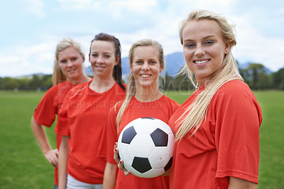 Buy stock photo Woman, soccer players and portrait with ball, happy and football field for match, competition or game. Fitness, practice and ready for training, outdoor and exercise for athlete, confident or sport
