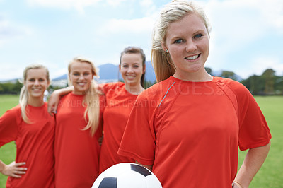 Buy stock photo Team, players and portrait with soccer ball, happy and football field for match, competition or game. Young, practice or confident for training, outdoor or exercise for athlete, girls and sport
