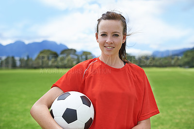 Buy stock photo Woman, player and portrait with soccer ball, confidence and football field for match, competition or game. Fitness, practice and ready for training, outdoor and exercise for athlete, strong or sport
