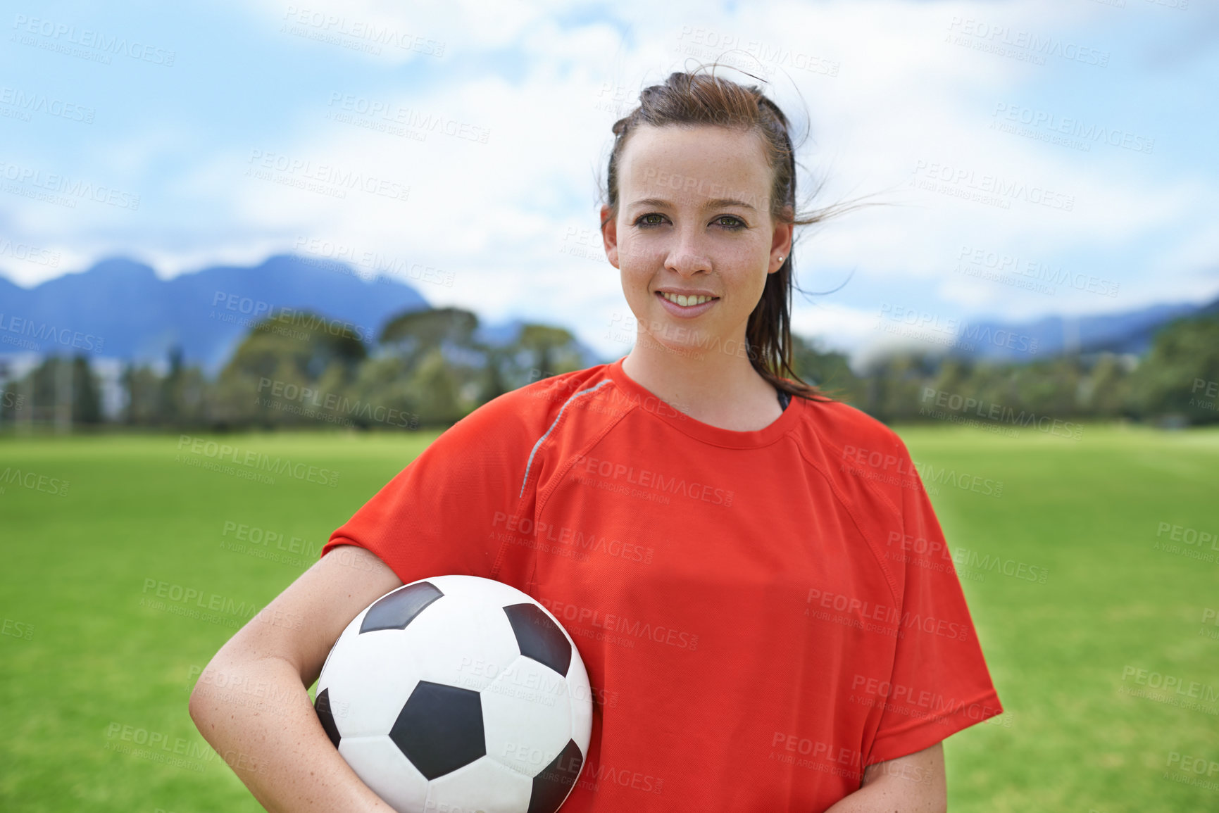 Buy stock photo Woman, player and portrait with soccer ball, confidence and football field for match, competition or game. Fitness, practice and ready for training, outdoor and exercise for athlete, strong or sport
